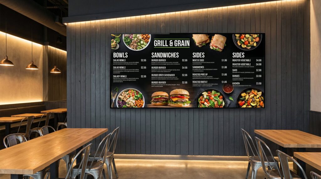 Digital menu board display for restaurant showing food items and prices