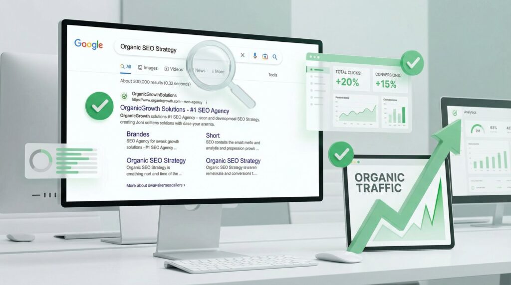 SEO strategy dashboard showing Google search rankings for small business